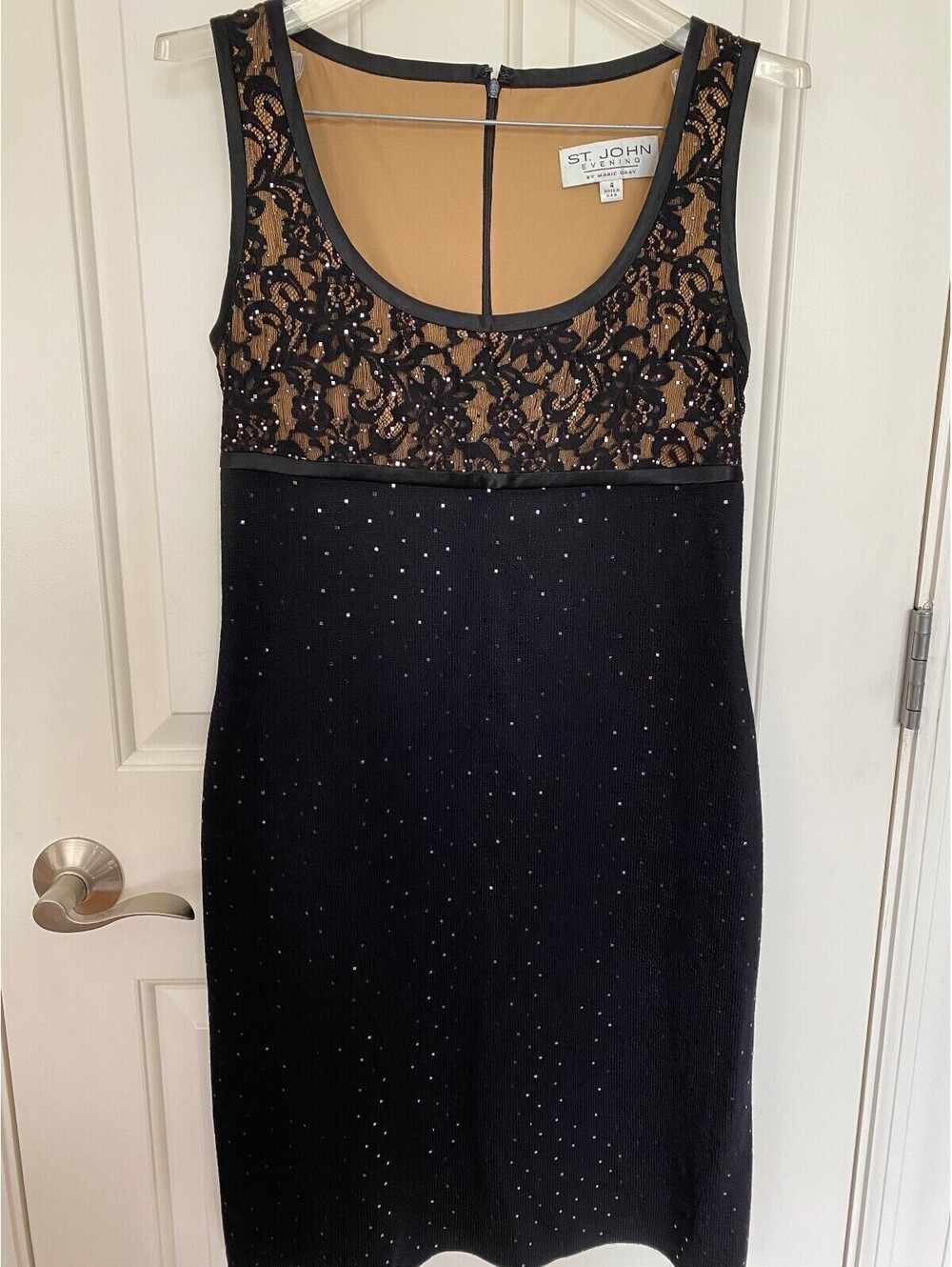 St. John Evening Dress By Marie Gray Black Cream With Crystal Accents Size 4